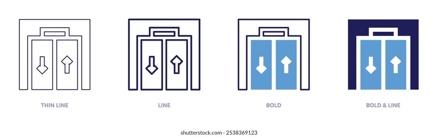 Ícone de elevador em 4 estilos diferentes. Linha fina, Linha, Negrito e Linha Negrito. Estilo duotônico. Traçado editável.