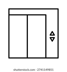 Elevator icon in clean outline style with lift doors and control panel arrows. Vertical transportation symbol isolated on white background. Suitable for building navigation, office signage, hotel facilities, and UI interface design.