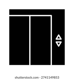 Elevator icon in clean outline style with lift doors and control panel arrows. Vertical transportation symbol isolated on white background. Suitable for building navigation, office signage, hotel facilities, and UI interface design.