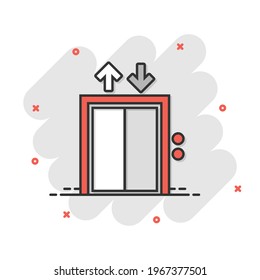 Elevator icon in comic style. Lift cartoon vector illustration on white isolated background. Passenger transportation splash effect business concept.