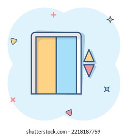 Elevator icon in comic style. Lift cartoon vector illustration on white isolated background. Passenger transportation splash effect business concept.