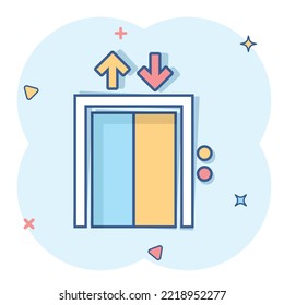 Elevator icon in comic style. Lift cartoon vector illustration on white isolated background. Passenger transportation splash effect business concept.