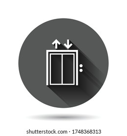 Elevator icon in flat style. Lift vector illustration on black round background with long shadow effect. Passenger transportation circle button business concept.