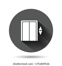 Elevator icon in flat style. Lift vector illustration on black round background with long shadow effect. Passenger transportation circle button business concept.