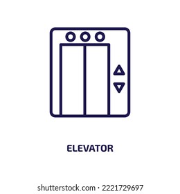 icono del ascensor de la colección de hoteles y restaurantes. Elevador lineal delgado, elevador, icono de contorno de flecha aislado en fondo blanco. Señal de elevador de vector de línea, símbolo para web y móvil