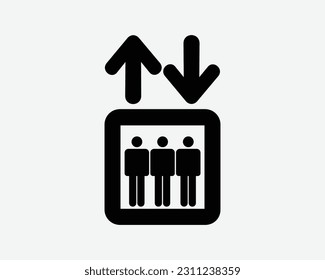 Elevator Icon. Lift Arrow Up Down Person People Building Lobby Information Signage Sign Symbol Black Artwork Graphic Illustration Clipart EPS Vector