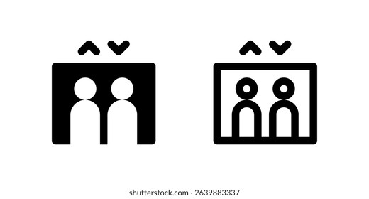Elevator Icon Set. A black glyph and outline icon of an elevator, representing vertical transportation.