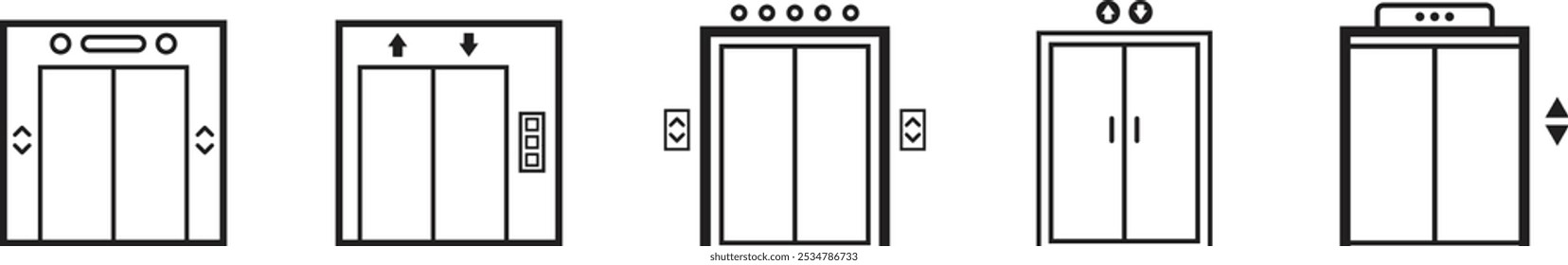 Elevator icon set. Transparent elevator sign isolated on transparent background. Vector set in filled and line style.