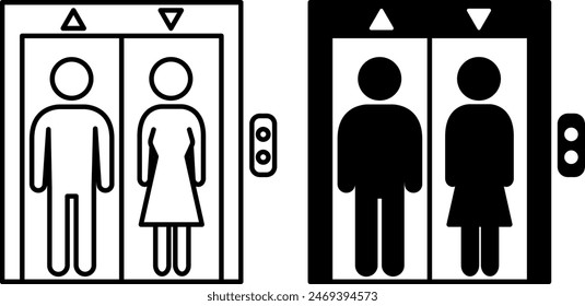 Elevator icons. Black and White Vector Icons. Man and Woman in an Elevator. Up and Down Arrows. Hotel and Building Concept