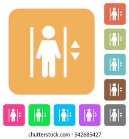 Elevator icons on rounded square vivid color backgrounds.