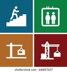 Elevator icons set. set of 4 elevator filled icons such as elevator, construction crane, construction  crane