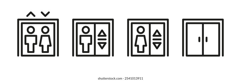 Elevator icons set. Lift for passenger or cargo elevators, lifts with closed, opened cabins doors. Vector illustration. 