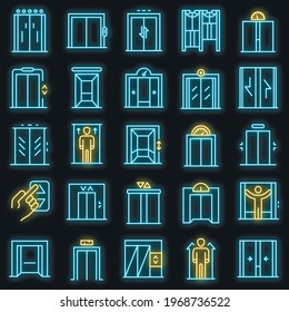 Elevator icons set. Outline set of elevator vector icons neoncolor on black