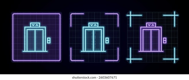 Elevator illustration, cyber neon visual, glowing border grid vector.	