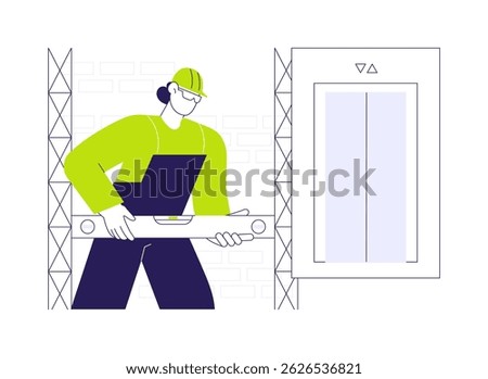 Elevator installation abstract concept vector illustration. Worker with measuring tape, elevator installation process, commercial construction, building process, interior works abstract metaphor.