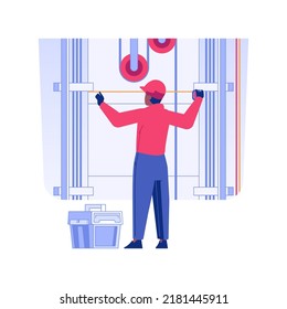 Elevator installation isolated concept vector illustration. Worker with measuring tape, elevator installation process, commercial construction, building process, interior works vector concept.