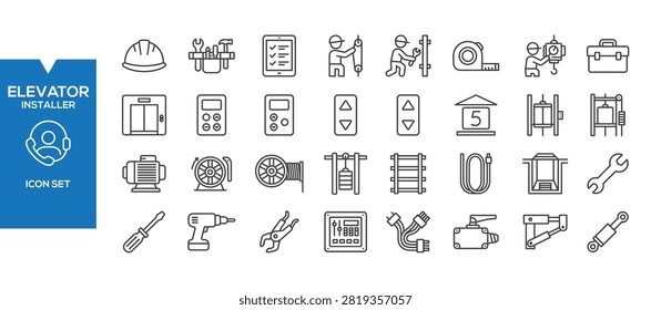 Elevator Installer Icons Set – Flat Lift Installation, Maintenance Construction Worker Vector Collection