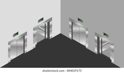 elevator isometric design set with closed and open doors 