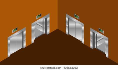 elevator isometric design set with closed and open doors 