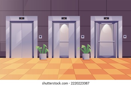 La puerta del ascensor de ascensor está cerrada y el concepto de interior de la sala de negocios abierta. Elemento de ilustración de diseño gráfico de vector