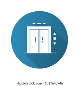 Elevator lift entrance blue flat design long shadow glyph icon. Quick floor transportation. Convenient service, technical device, multi-storey building, hotel amenity. Vector silhouette illustration