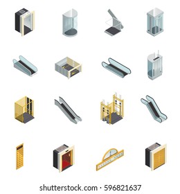 Elevator lift escalator isometric icons set with moving staircases elevator cabins and elements of different shape vector illustration