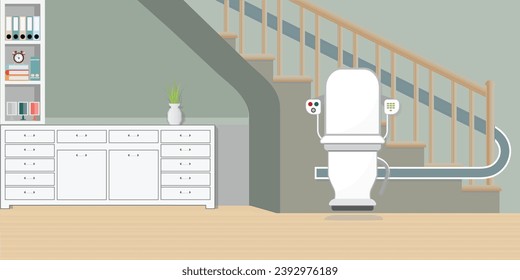 Elevator lift escalator taking people up and down stairs, stairlift, chairlift, homelift, Vector illustration.