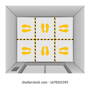 elevator lift floor with tape line yellow black stripe, footprints mark for standpoint at floor elevator inside, prevention of spreading covid-19 virus concept, elevator top view, footprints position