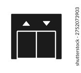 Elevator lift glyph icon. Solid black vector symbol of elevator doors with directional arrows for mobile apps, web design, and digital interfaces.