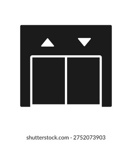 Elevator lift glyph icon. Solid black vector symbol of elevator doors with directional arrows for mobile apps, web design, and digital interfaces.