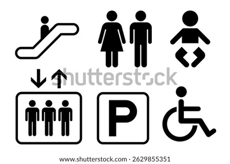 Elevator and lift sign icon set. Toilet icons set. Men and women restroom icon sign right arrow. Disabled wheelchair icon. Vector Illustration.