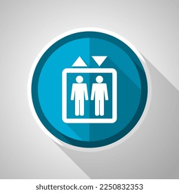 Elevator, lift symbol, flat design vector blue icon with long shadow