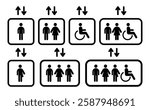 Elevator lift vector icon set on white background. Male, female, disabled person, all gender, gender neutral signs flat collection. Arrows up and down.
