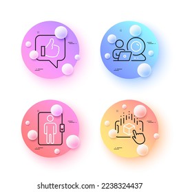 Elevator, Like and Augmented reality minimal line icons. 3d spheres or balls buttons. Video conference icons. For web, application, printing. Office transportation, Thumbs up, Phone simulation. Vector
