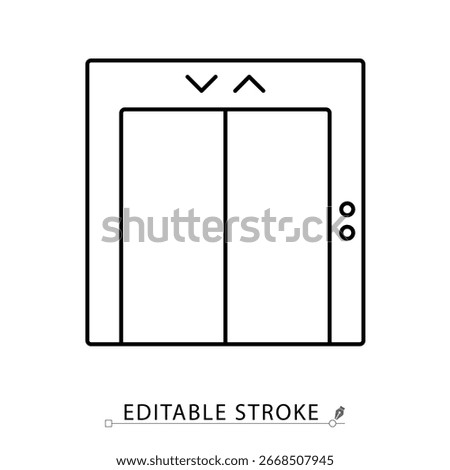 Elevator line icon with editable stroke. Vector outline of lift doors with arrows. Minimalist symbol for hotel, building, transportation, service, accessibility and travel design.