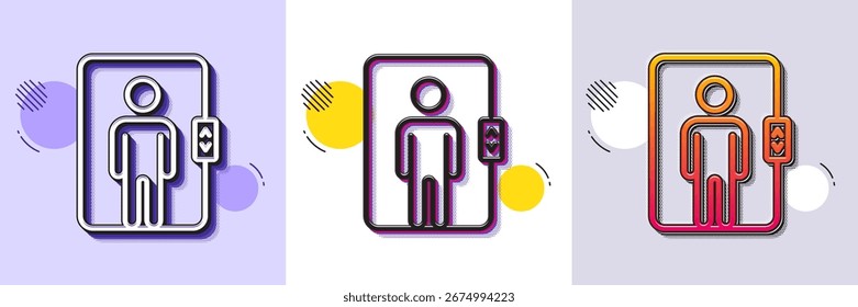 Icono de línea de ascensor. Patrón punteado de semitono. Icono de degradado con sombra de grano. Señal de elevación de Transporte. Icono de elevador de línea. Varios diseños. Vector