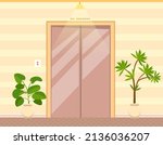Elevator made in modern style. Door to cabin of lift with lifting mechanism. Expensive passenger lift in hotel or residential building. Elevator entrance design. Interior with doors and houseplants
