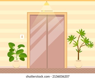 Elevator made in modern style. Door to cabin of lift with lifting mechanism. Expensive passenger lift in hotel or residential building. Elevator entrance design. Interior with doors and houseplants