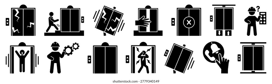 Elevator malfunction and lift safety icon collection in black. Set of broken doors, shaking cabin, emergency call, technician and trapped passenger icons