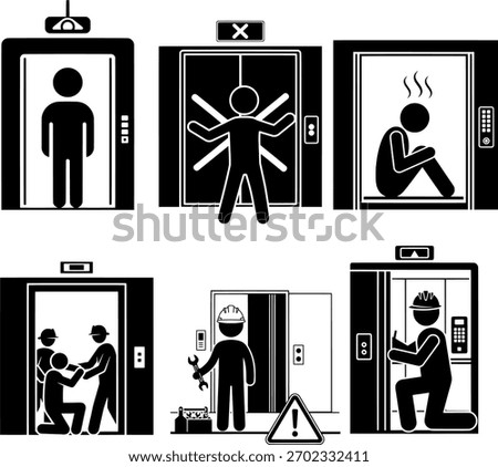 Elevator Malfunction, Trapped, and Repair Stick Figure Set