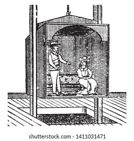 Elevator is a mechanical contrivance for lifting grain goods or persons to an upper floor, vintage line drawing or engraving illustration.