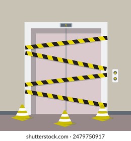 El ascensor no funciona. El ascensor está despegado con cintas de advertencia, y hay conos de prohibición. El mecanismo está roto, en reparación. Operación prohibida. Diseño interior interior. Ilustración vectorial plana