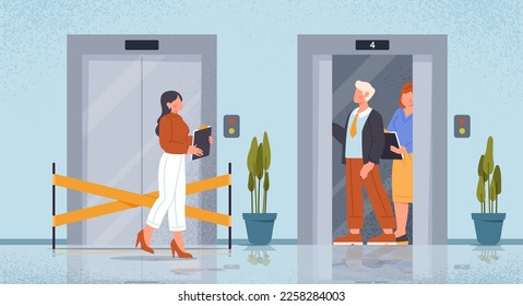 Elevator open and close door. Man and women want to go down or up to floor. Office hall. Repair work in lobby interior. Modern lift in building. Cartoon flat vector illustration