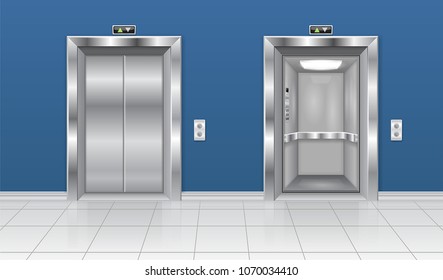 Elevator with open and closed door. In the building interior with blue walls. Vector 3d illustration
