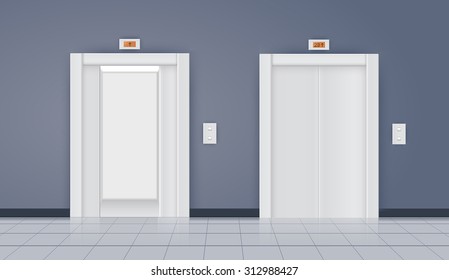 Elevator with open doors and  with closed doors. Vector isolated on white.