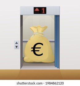 Aufzug mit offenen Türen, mit einer Tasche Euros