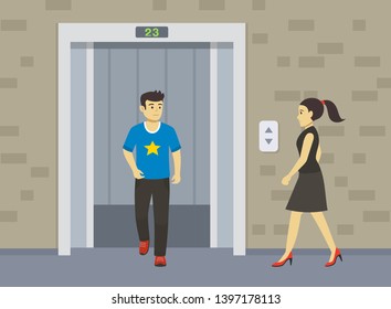 Elevator with open doors. Young man going out the lift and looks woman. Flat vector illustration template.