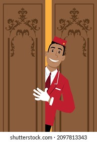 Elevator Operator In Uniform Opening Vintage Hotel Elevator Door, EPS 8 Vector Illustration