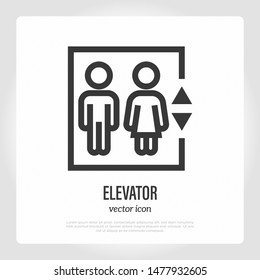 Elevator with people inside thin line icon. Vector illustration of public sign.