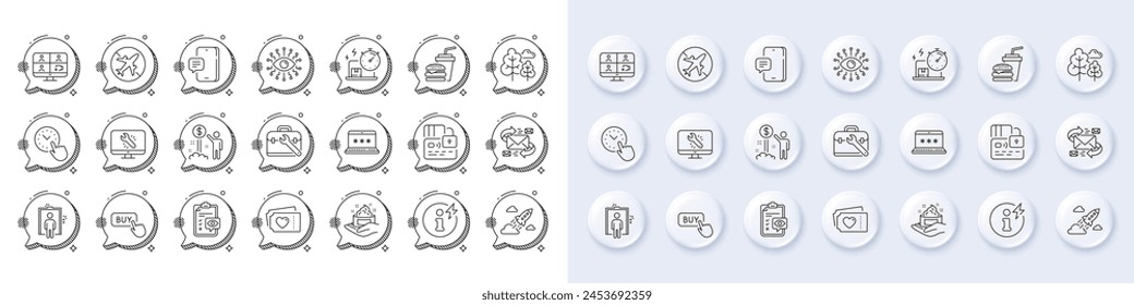Elevator, Phone message and Skin care line icons. White pin 3d buttons, chat bubbles icons. Pack of Video conference, Startup rocket, Tree icon. Vector